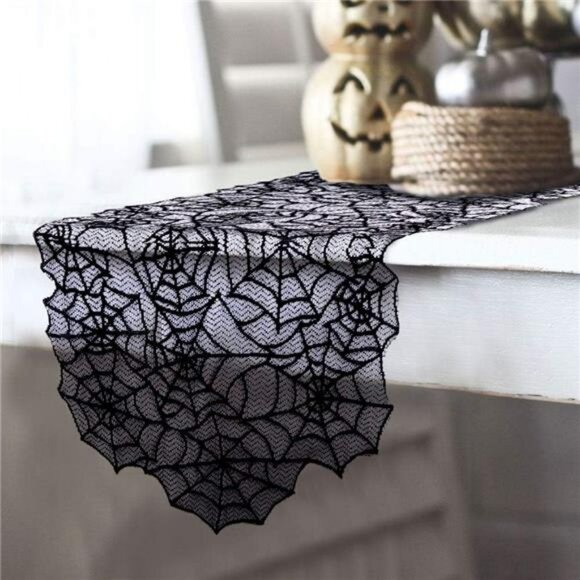 Halloween spider web lace table runner black 20x80 inch haunted house decor - Picture 1 of 8